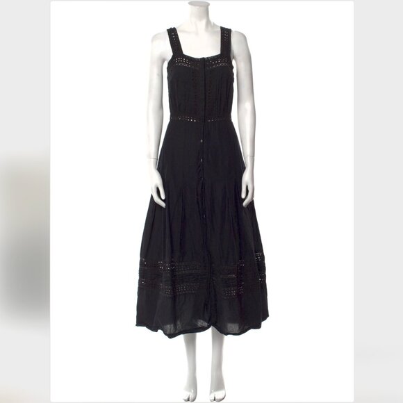 LSF LOVE SHACK FANCY Square Neckline Long Black Cotton Crochet Dress Size Small - Picture 2 of 13